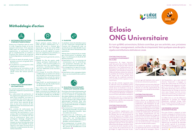 Double page «Méthodologie d'action» et «Eclosio, ONG Universitaire»