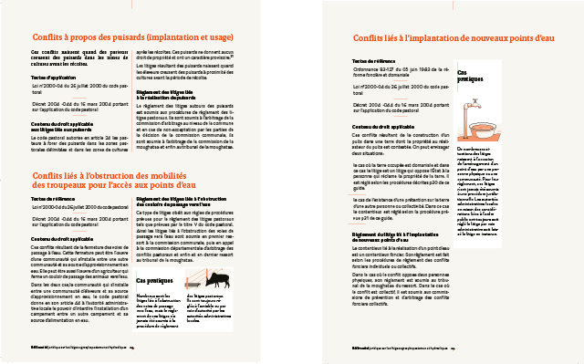 Des pages de la brochure «Référentiel juridique sur les litiges agrosylvopastoraux et hydrauliques en Mauritanie»